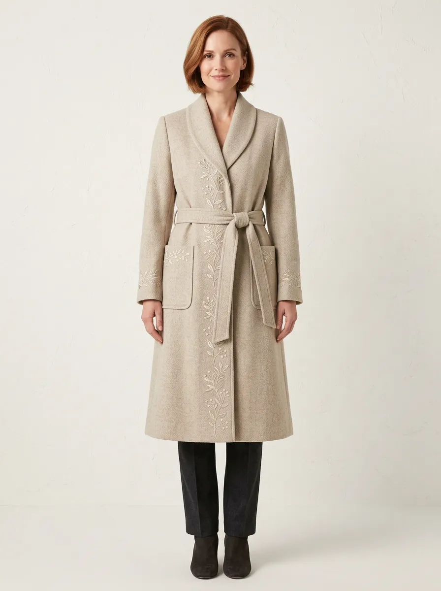 Women's Botanical Floral Embroidered Beige Belted Wool Coat