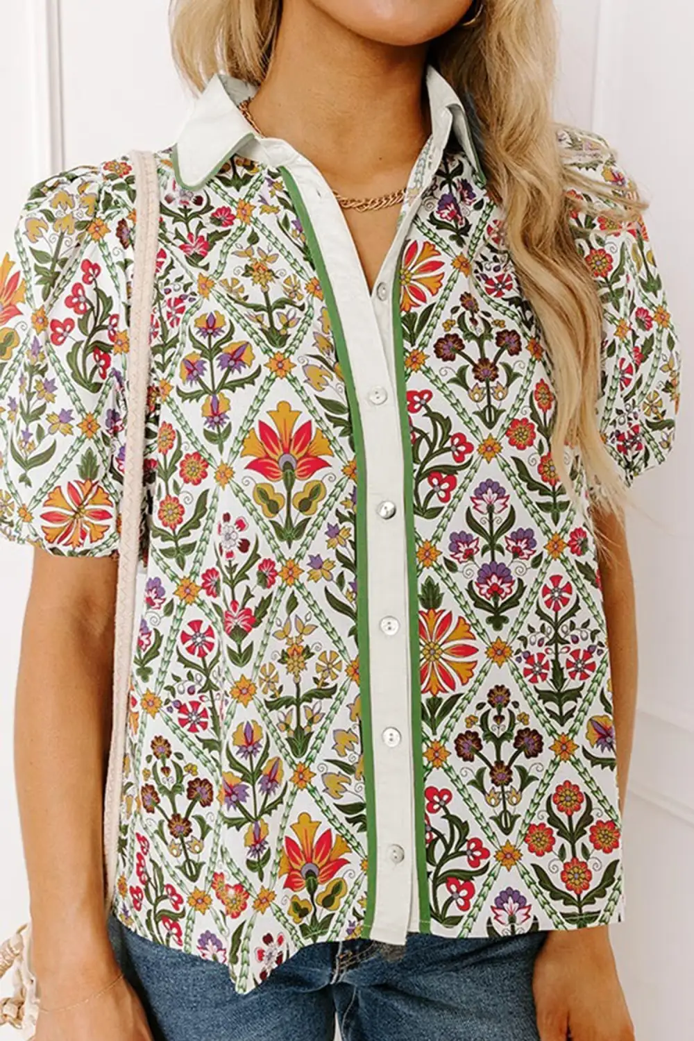 Floral Bubble Sleeve Casual Shirt