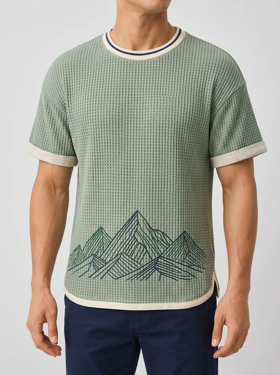 Men's Outdoor Nature Mountain Printed Waffle Knit Top