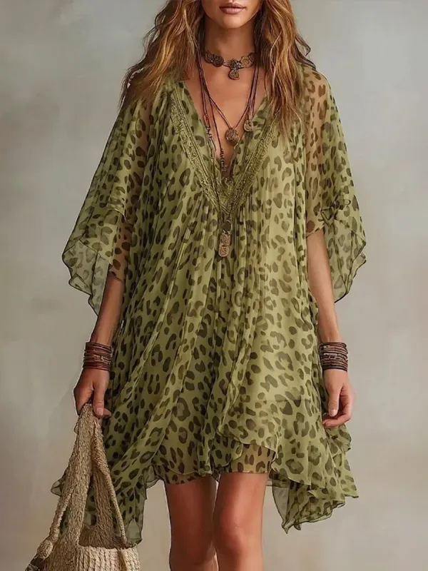 Batwing Sleeve Half Sleeve Asymmetric Contrast Color Leopard Ruffle Trim See