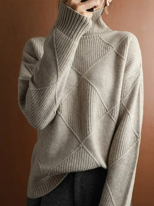 Casual Striped High Neck Long Sleeve Relaxed Fit Sweater