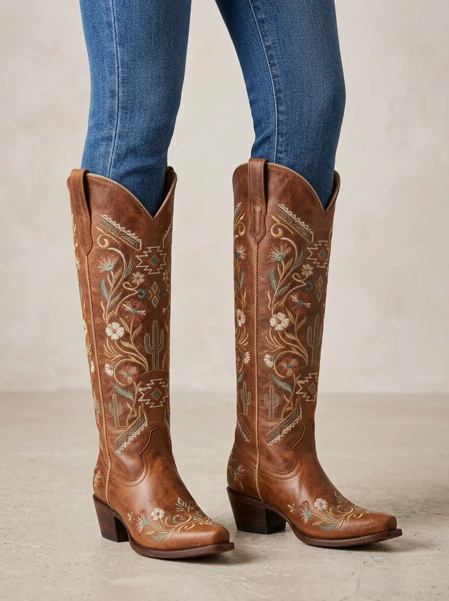 Women's Cactus Floral Embroidered Piped Pointed-Toe Western Denim Over-the-Knee Boots