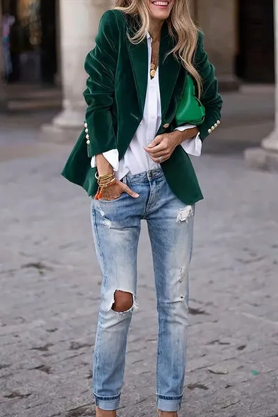 Single-Button Lapel-Collar Long-Sleeve Blazer