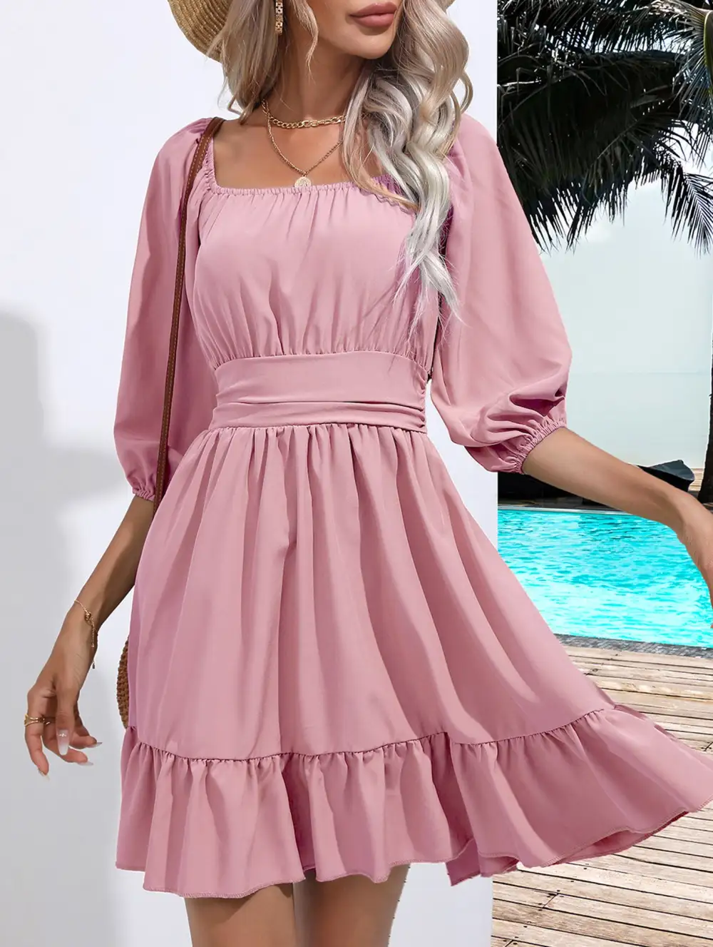 Square Neckline Ruffled Tie Up Short Dress