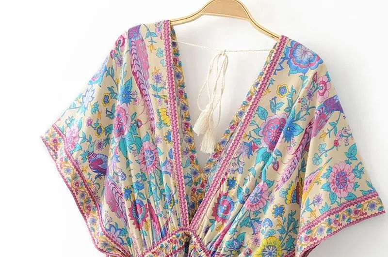 Wild Peacock & Flowers V-Neck Maxi Dress