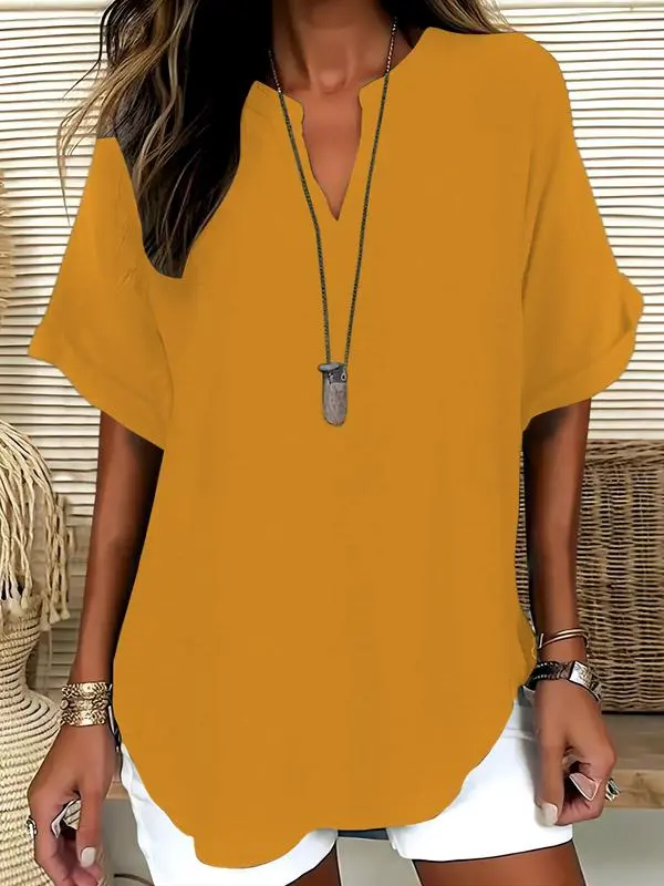 Women's Plain Notched Neck Drop Shoulder Blouse