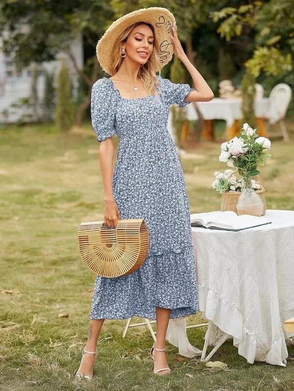 Women Square Neck Ditsy Floral Frill Trim Dress