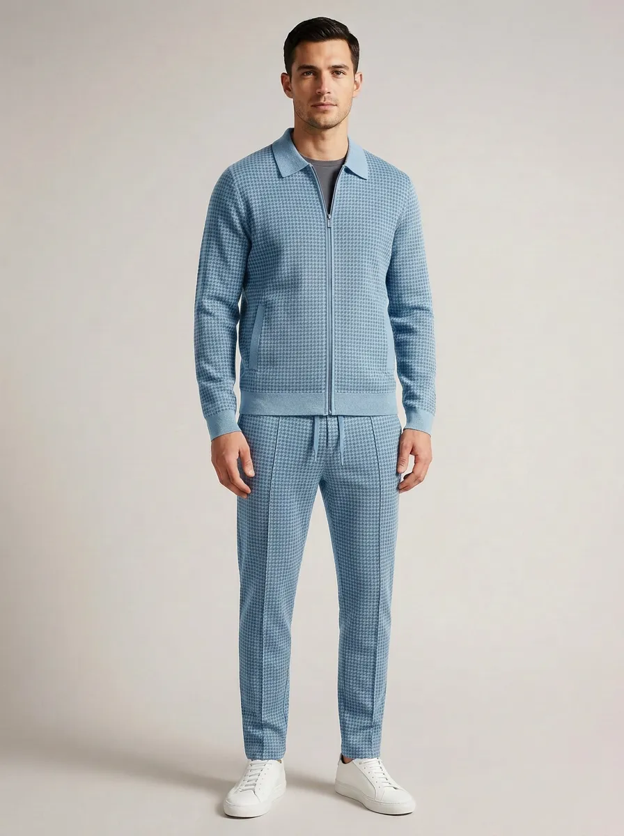Men's Urban Houndstooth Polo Collar Jacket and Jogger Pants Set