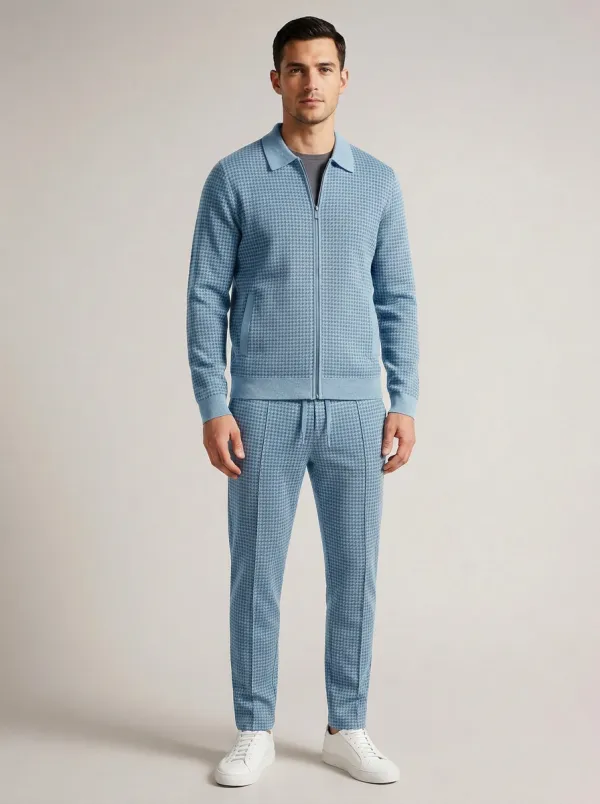 Men's Urban Houndstooth Polo Collar Jacket and Jogger Pants Set