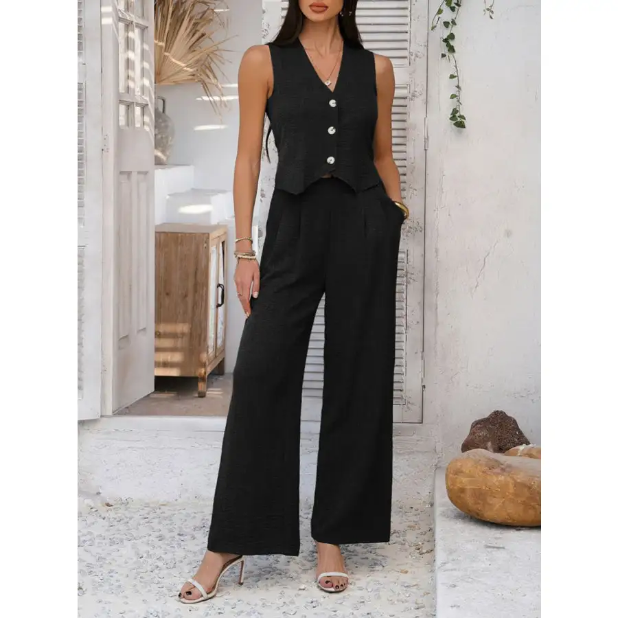 Button Down Vest and Wide Leg Pants Set
