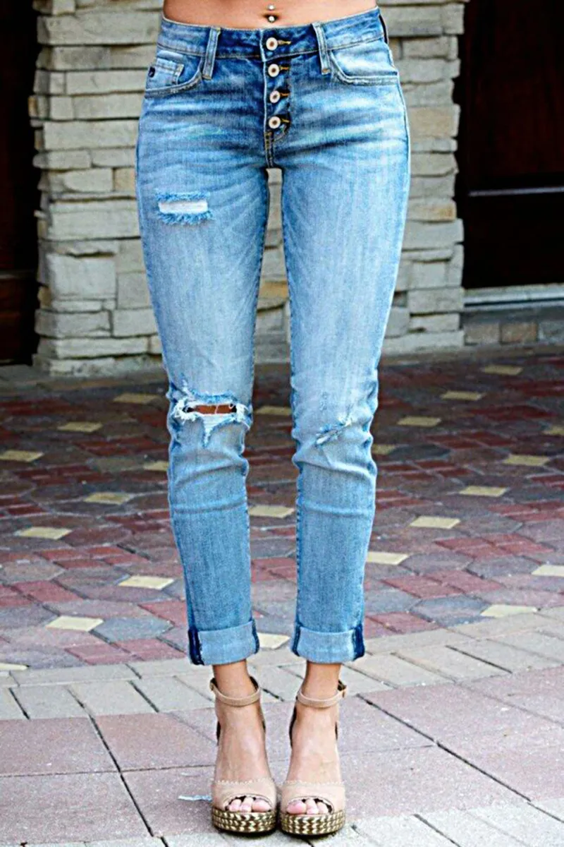 Ripped Button Fly Mid Waist Skinny Jeans