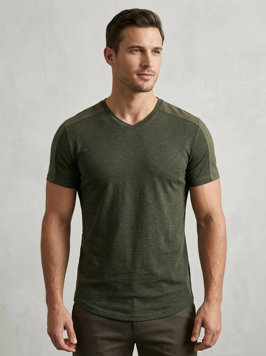 Casual Contrast Shoulder Contrast Panel Curved Hem Classic Look Men's Slim Fit Short Sleeve T-Shirt