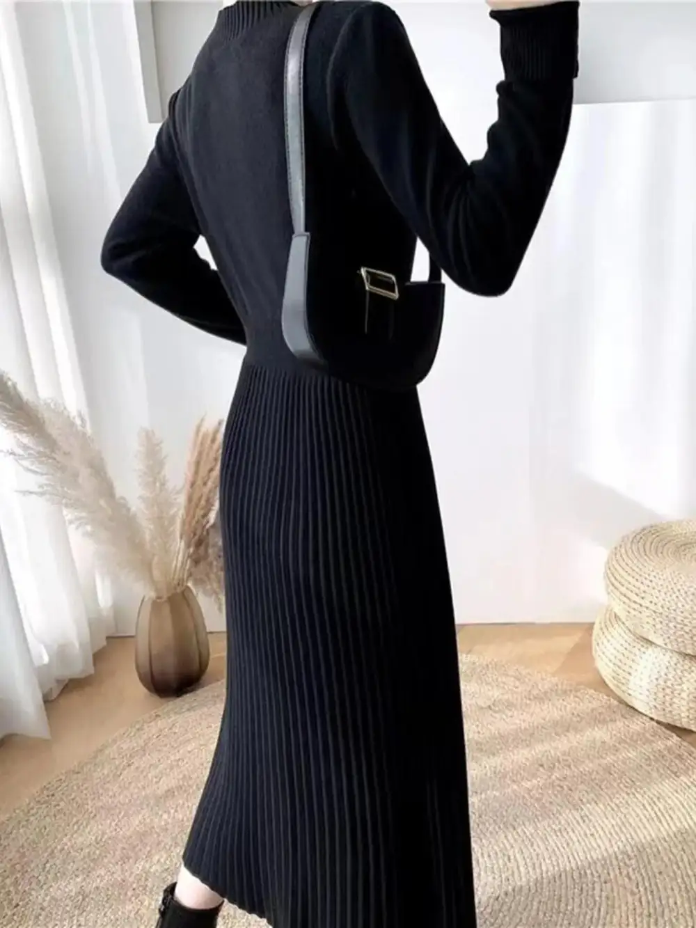 Knit Mock Neck Slit Sweater Dress