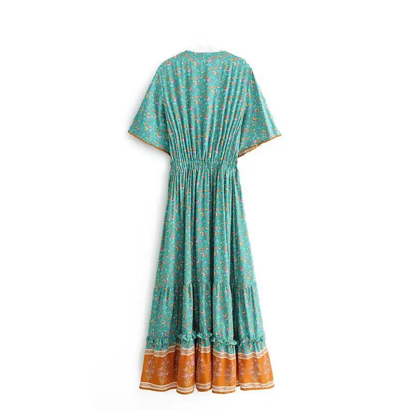 V-Neck Short Sleeve Boho Maxi Dress