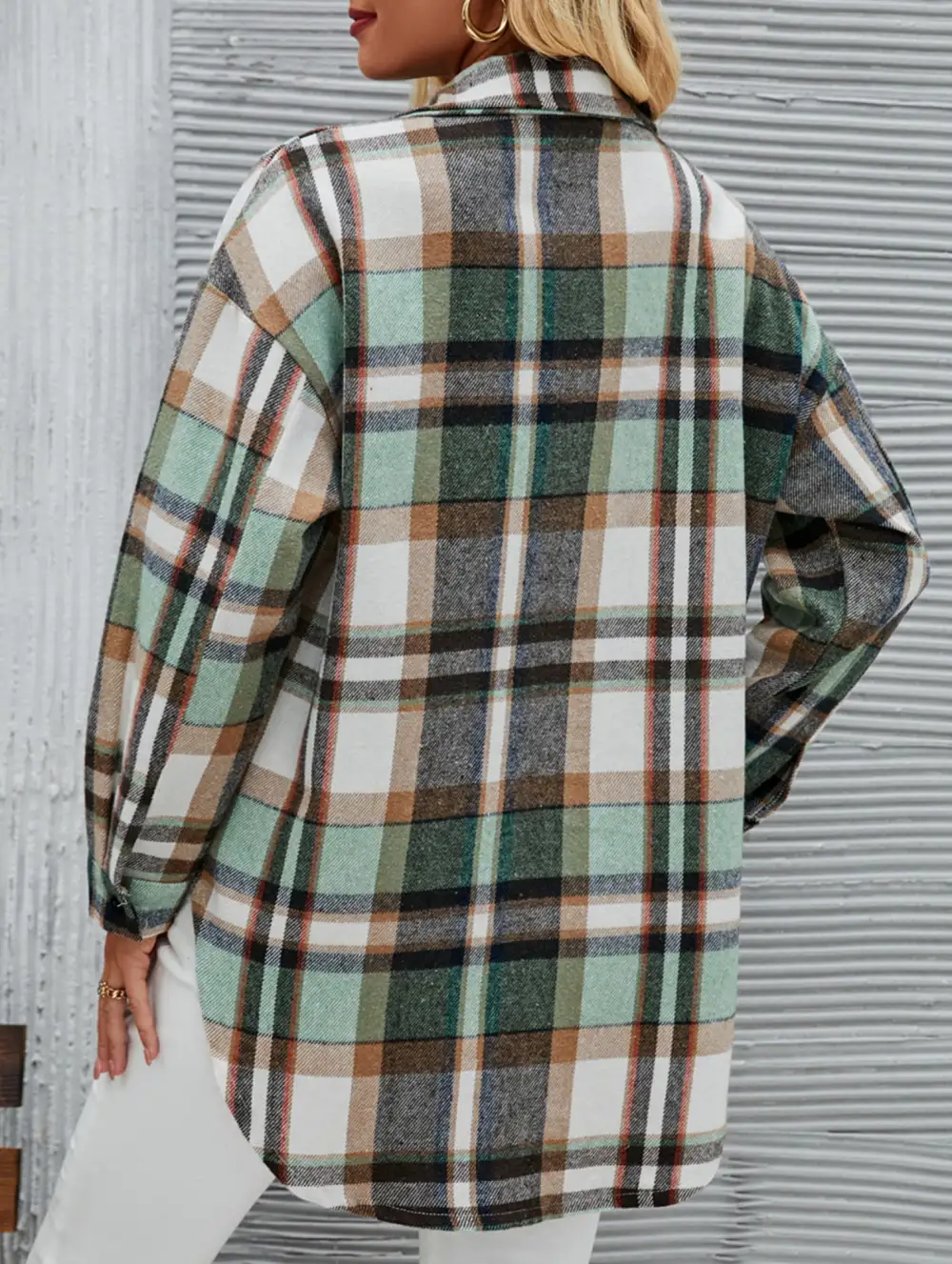 Long Sleeve Cardigan Collared Loose Plaid Wool Shirt