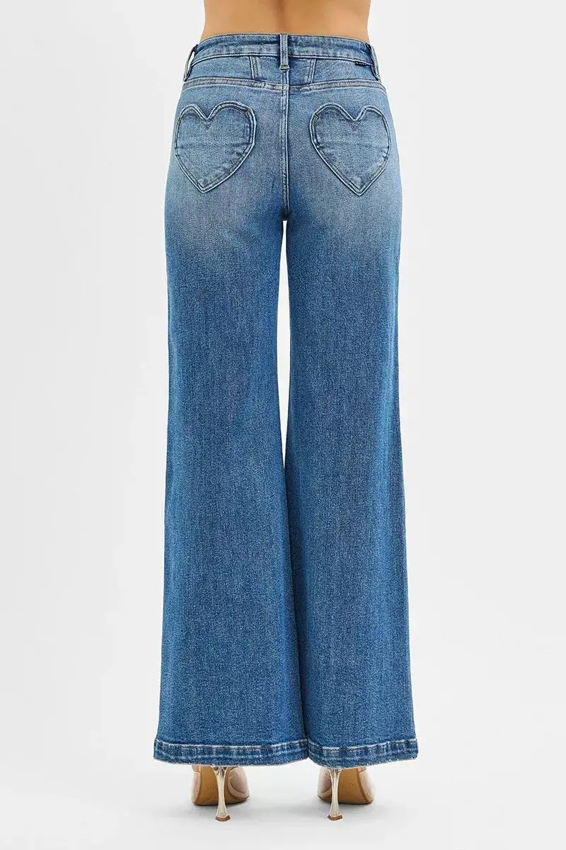 High Rise Heart Pocket Yoke Detail Wide Leg Jeans