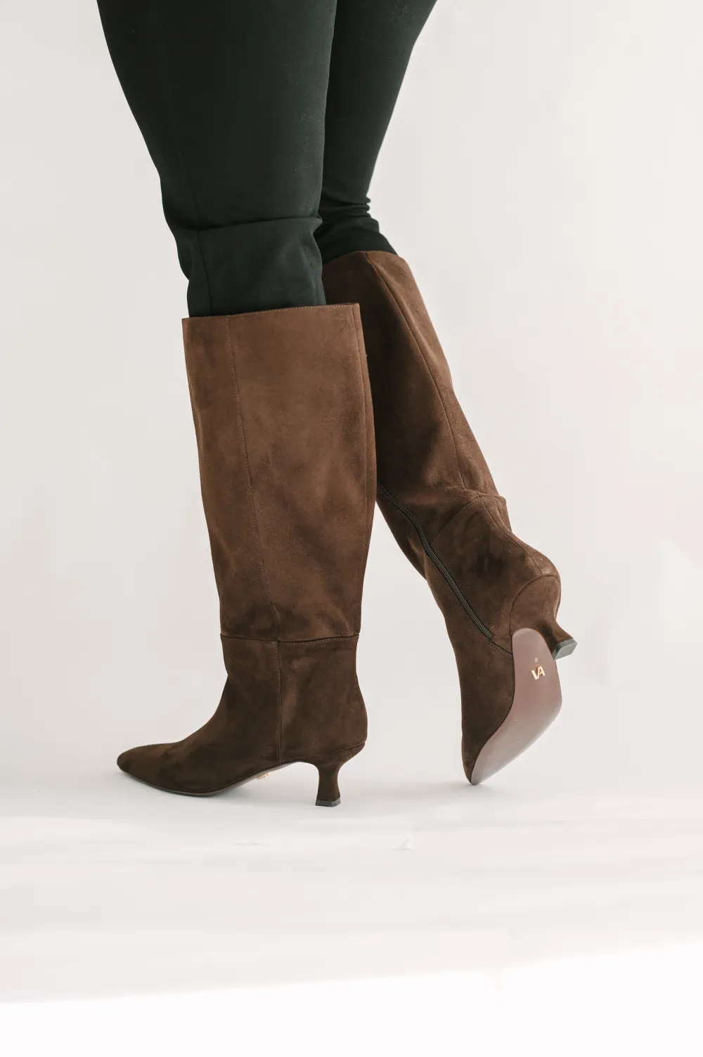 Faux Leather Pointed Toe Kitten Heel Knee High Boots