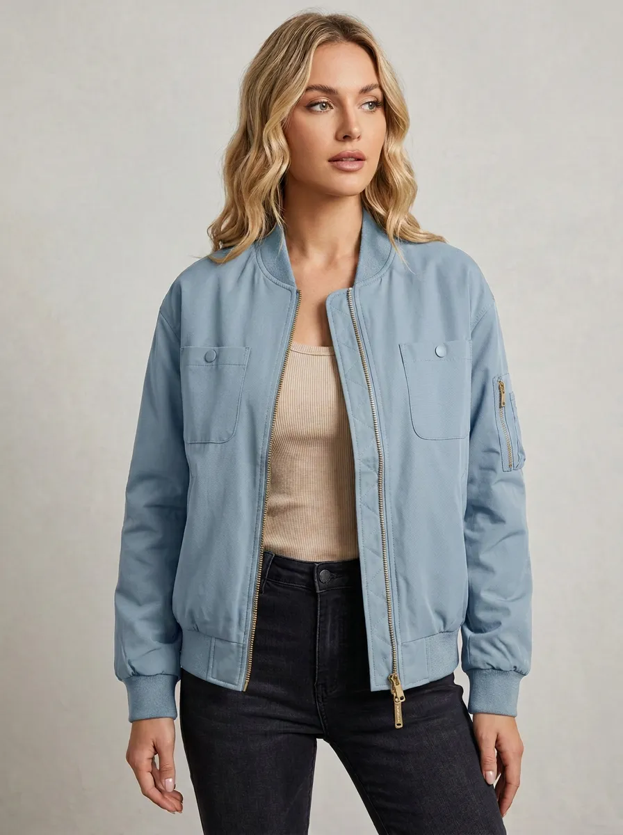 Quilted Zip-Front Denim-Style Women's Casual Jacket
