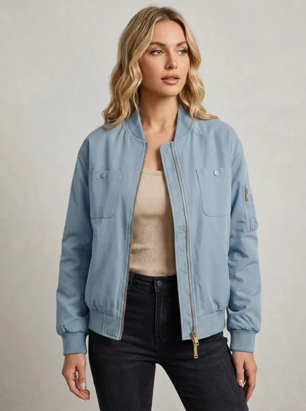 Quilted Zip-Front Denim-Style Women's Casual Jacket