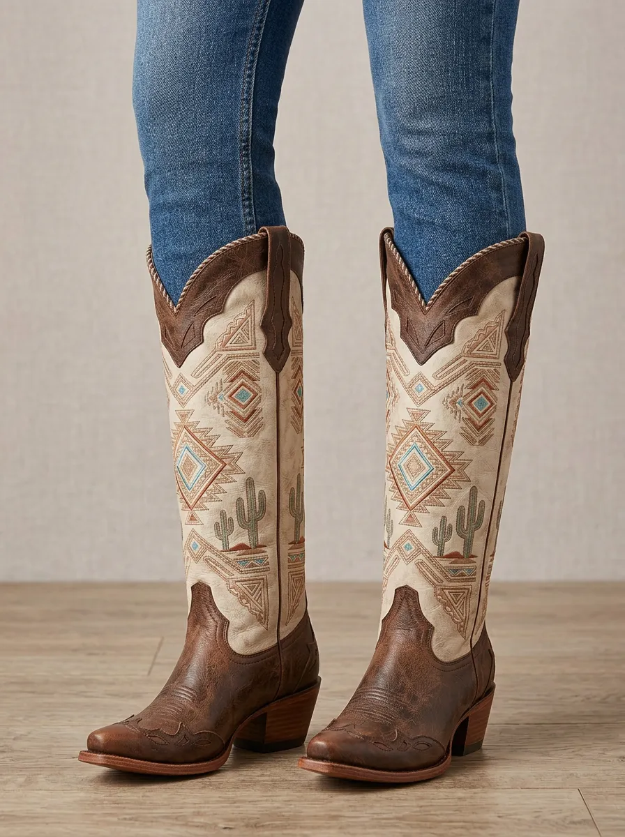 Women's Western Cactus Geometric Embroidered Pointed-Toe Block-Heel Denim Over-the-Knee Boots