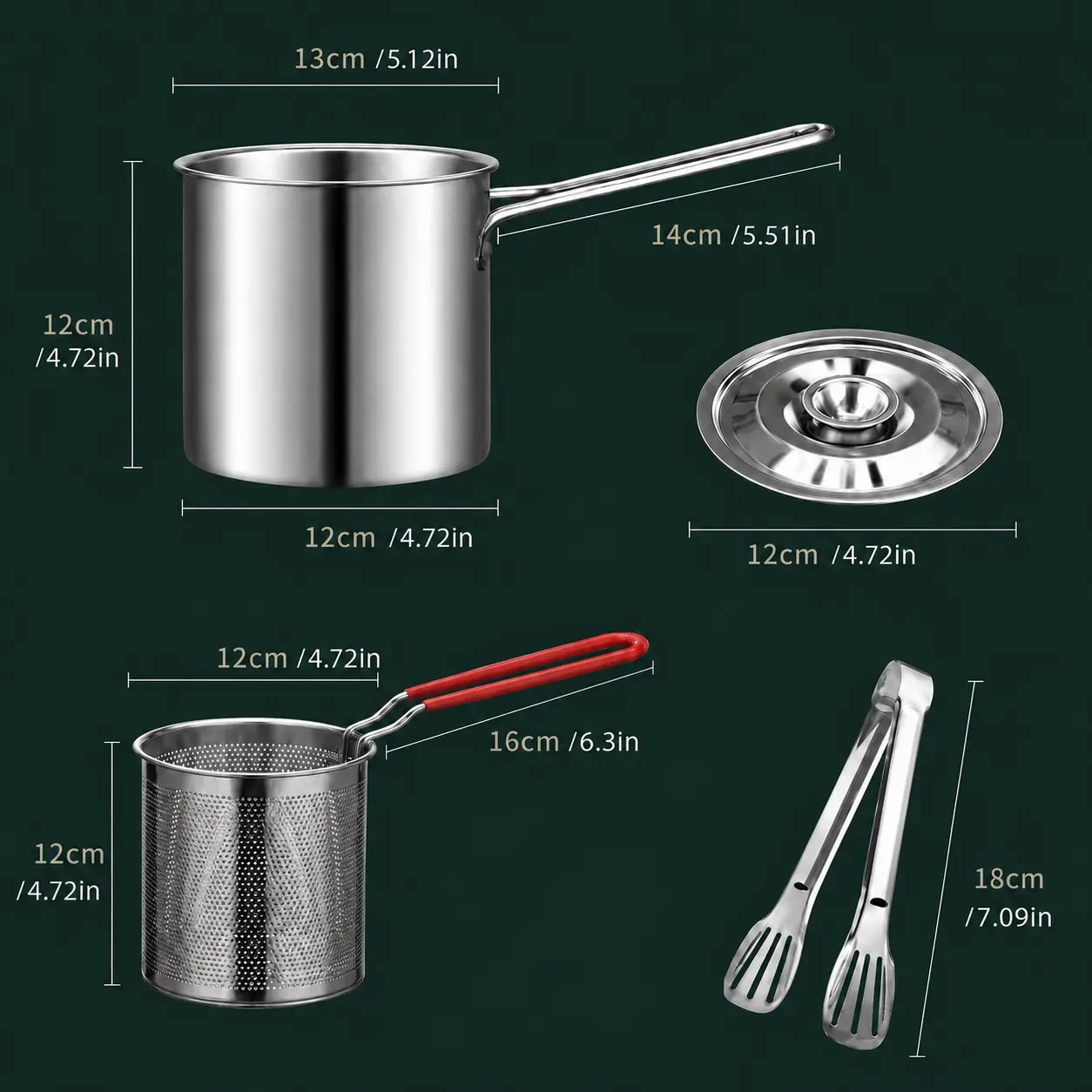 Compact Stainless Steel Deep Fryer Pot Set - 2, 3 or 4 Pieces - Dimensions at a Glance