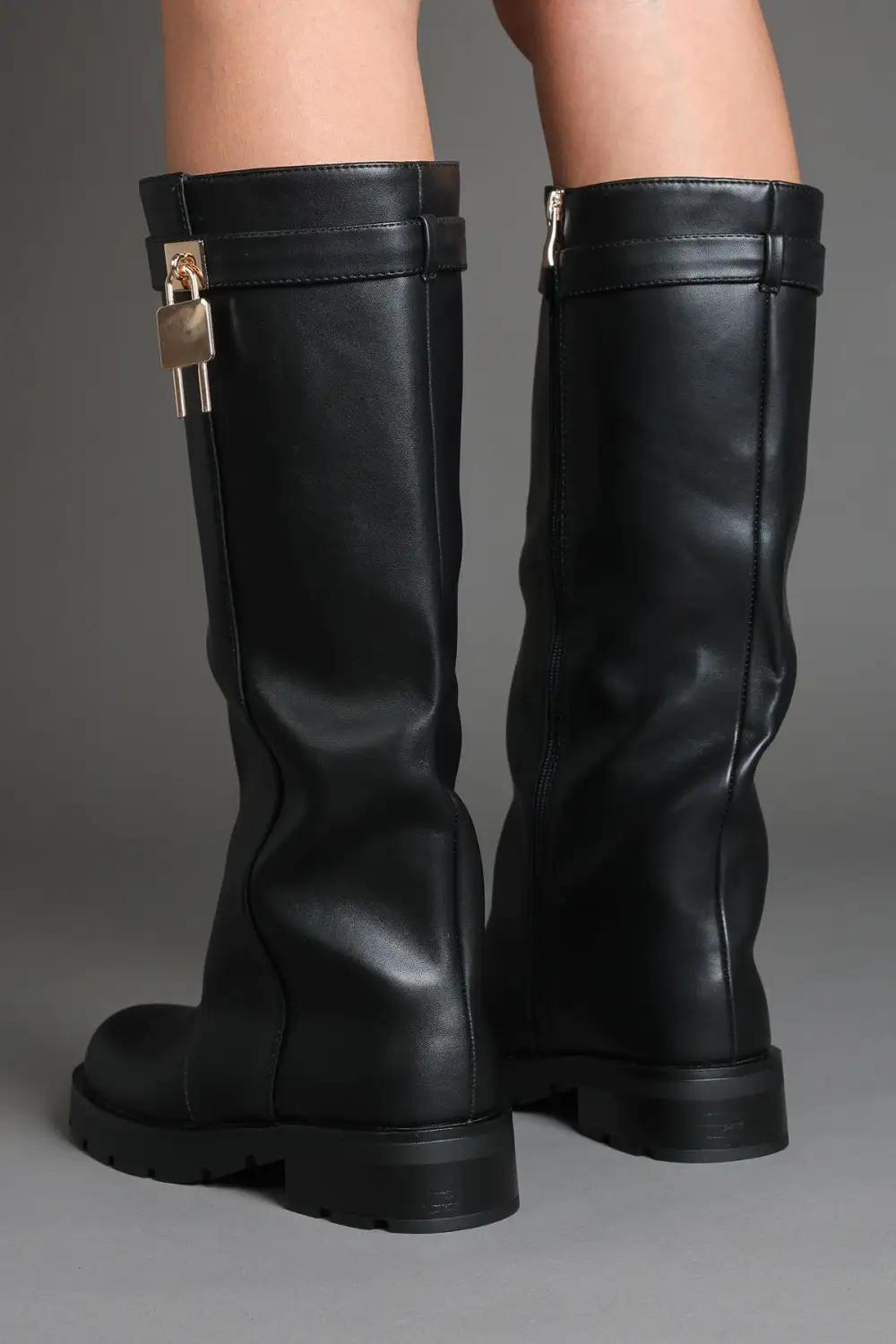 Chunky Sole Lug Sole Padlock Detail Faux Leather Knee High Boots
