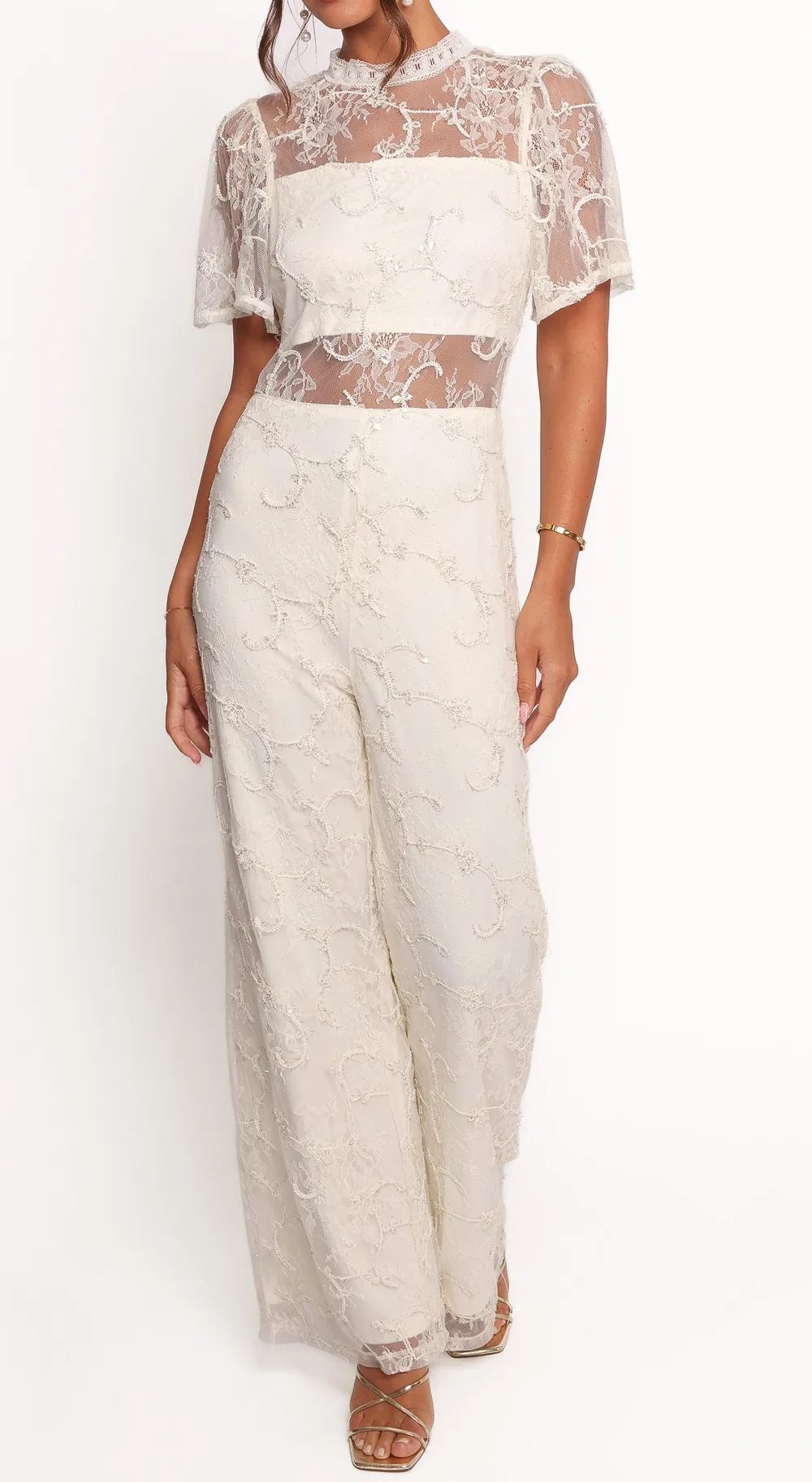 Straight-Leg Short-Sleeve Lace Floral Printed Jumpsuit