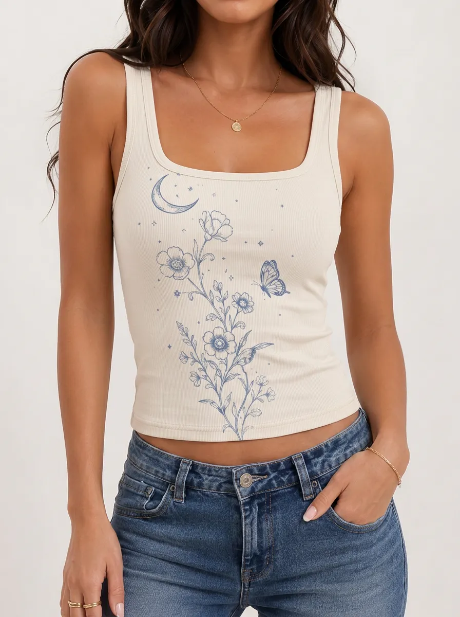 Women's Cropped Floral Butterfly Square Neck Tank