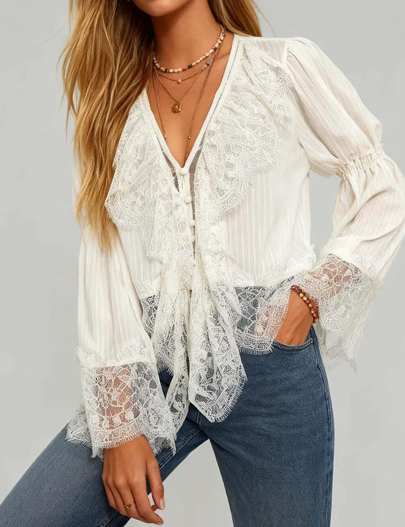 Sheer Lace Panel V Neck Button Front Blouse
