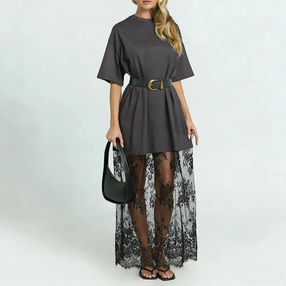 Women’s Oversized Tee Maxi Dress – Lace Hem Drop Shoulder Casual Chic