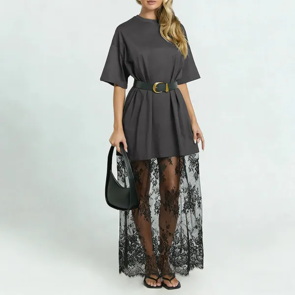 Women’s Oversized Tee Maxi Dress – Lace Hem Drop Shoulder Casual Chic