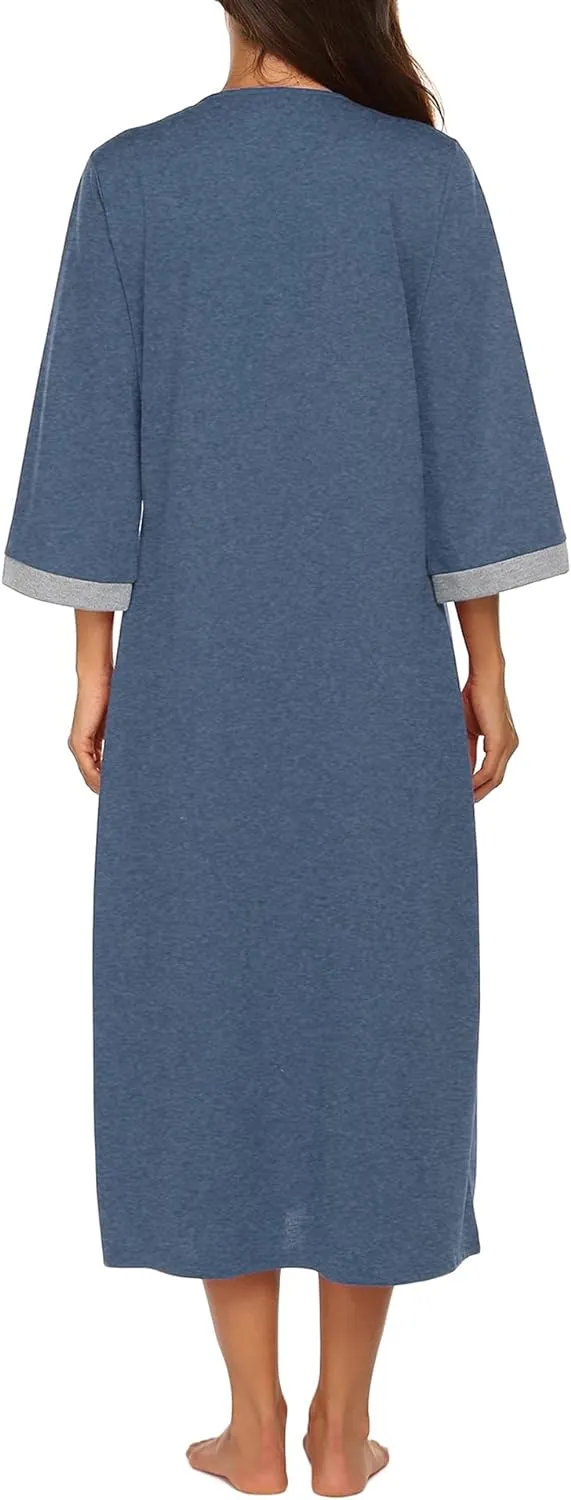 50% OFF Women Zipper Robe 3/4 Sleeves Loungewear Dress Full Length Sleepwear Pockets Housecoat Nightgown Long Bathrobe