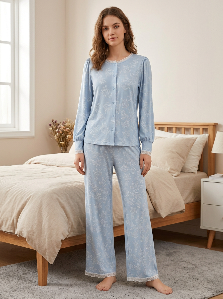 Botanical Leaf Floral Button-Down Top Long Sleeve Short Sleeve Women's Printed Pajama Set