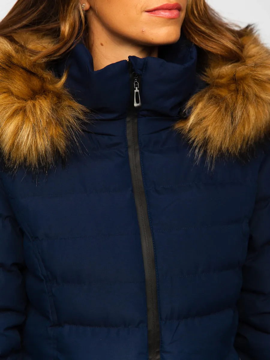 Dark blue women's quilted winter jacket with hood
