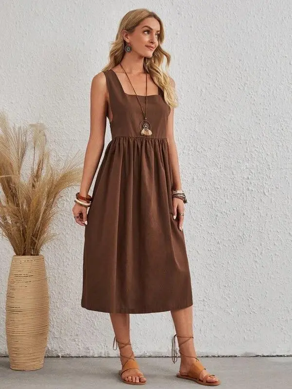 Women Solid Square Neck Tie Back Dress