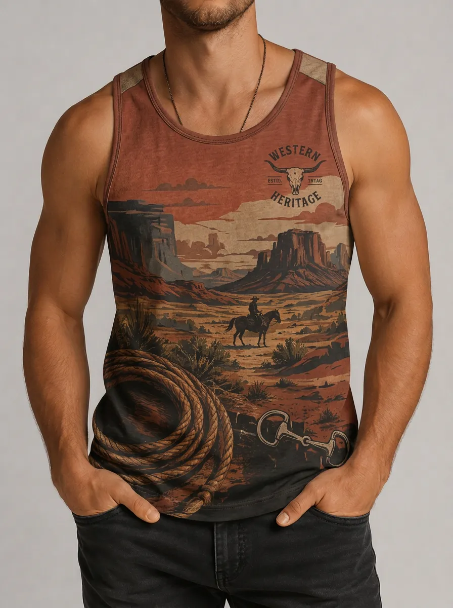 Men's Western Heritage Cowboy Landscape Printed Tank Top