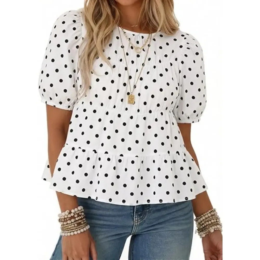 Womens Puff Sleeve Peplum Babydoll Tops