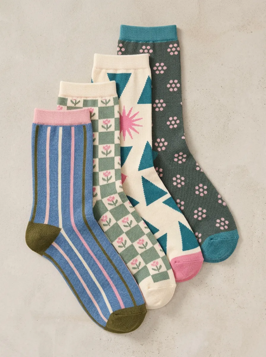 Garden Inspired Geometric Floral Retro Four-Pair Casual Socks