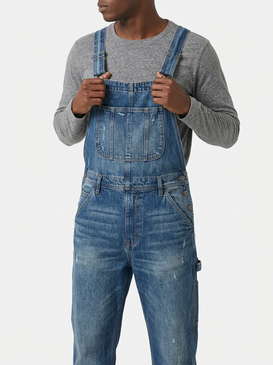 Men's Vintage Distressed Blue Denim Bib Overalls
