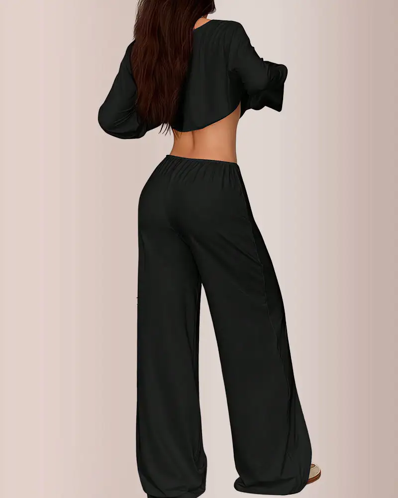 Slouchy Off-Shoulder Crop Top and Wide Leg Lounge Set