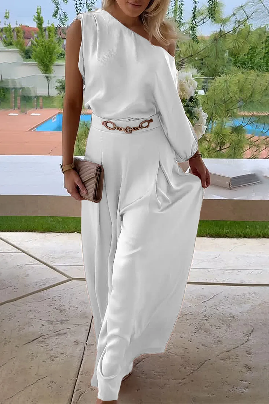 Women'S Casual One Shoulder Top & Wide Leg Pants Set