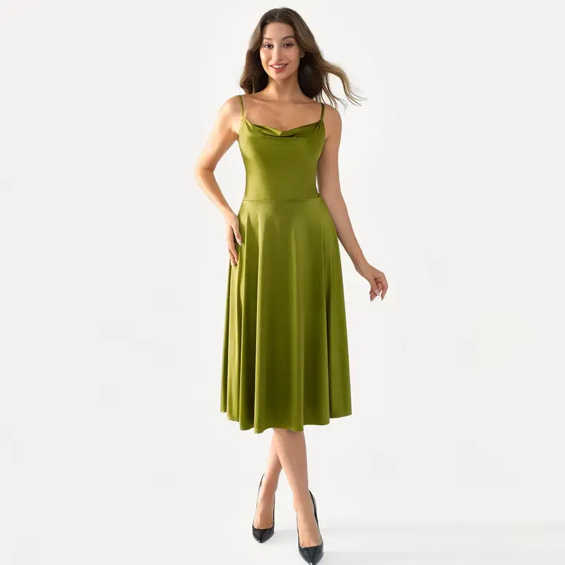 Satin Midi Slip Dress with Cowl Neck and Flared Hem