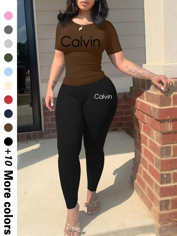 Calvin Letter Printing Women’s Casual Two-Piece Set Trendy Crop Top & Shorts | Lightweight Fabric | Effortless Summer Comfort