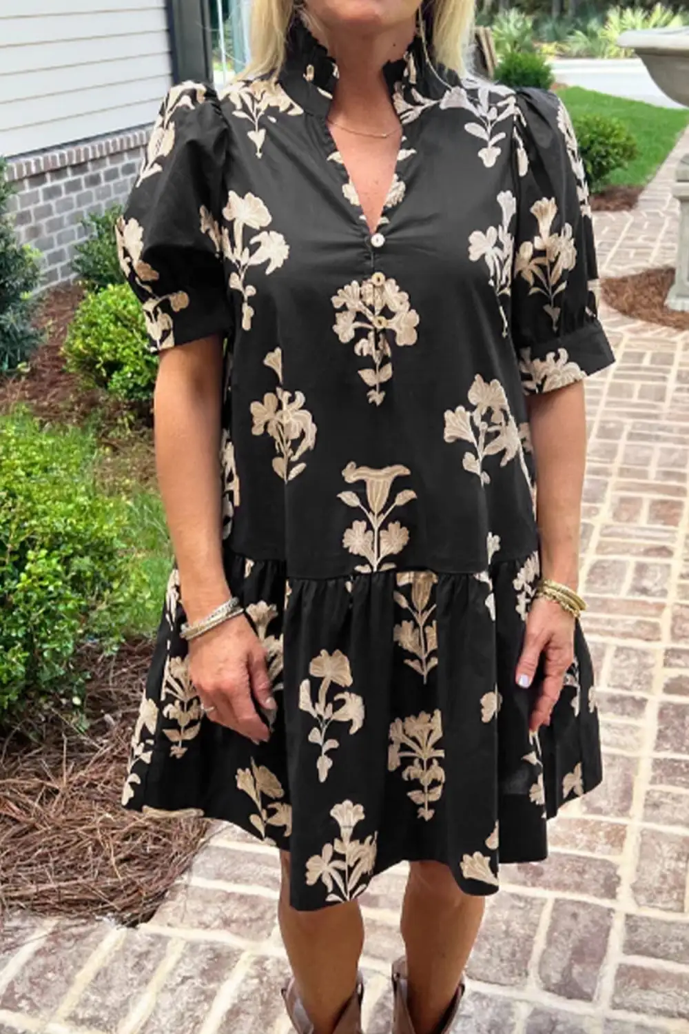 Floral V Neck Ruffle Mini Dress