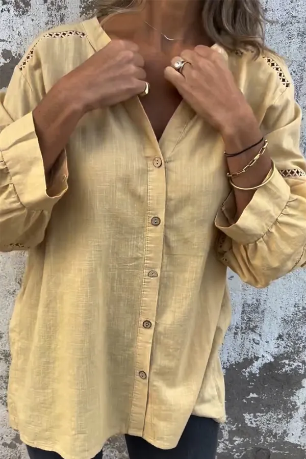 5PACK-Women'S Lace Stitching Cotton And Linen Shirt