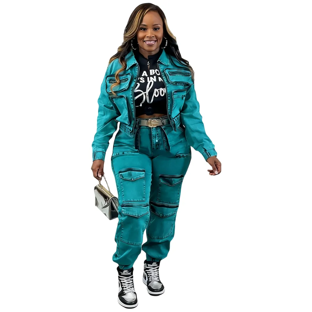 Two-Piece Women's Fashion Sexy High Elastic Multi-Pocket Washed Denim Casual Set