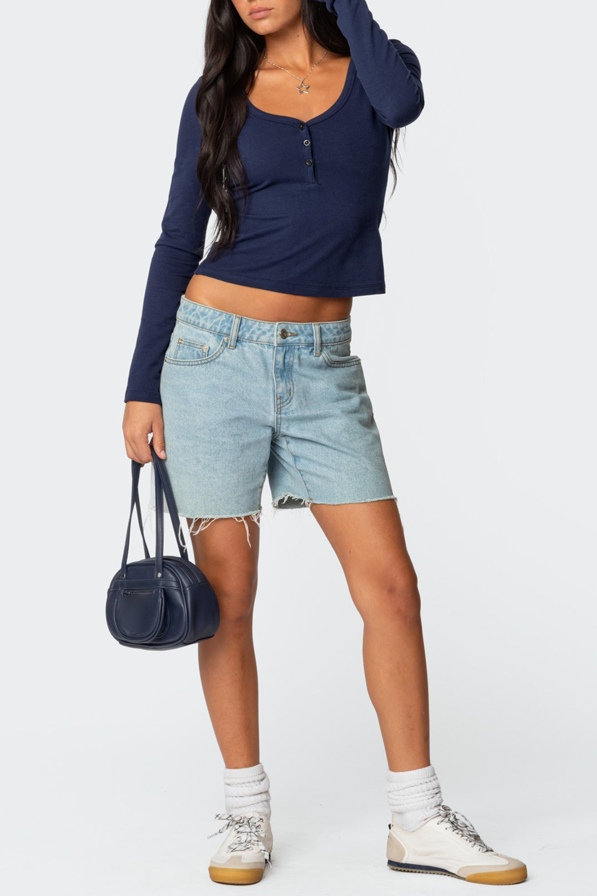 Low Rise Raw Edge Denim Shorts
