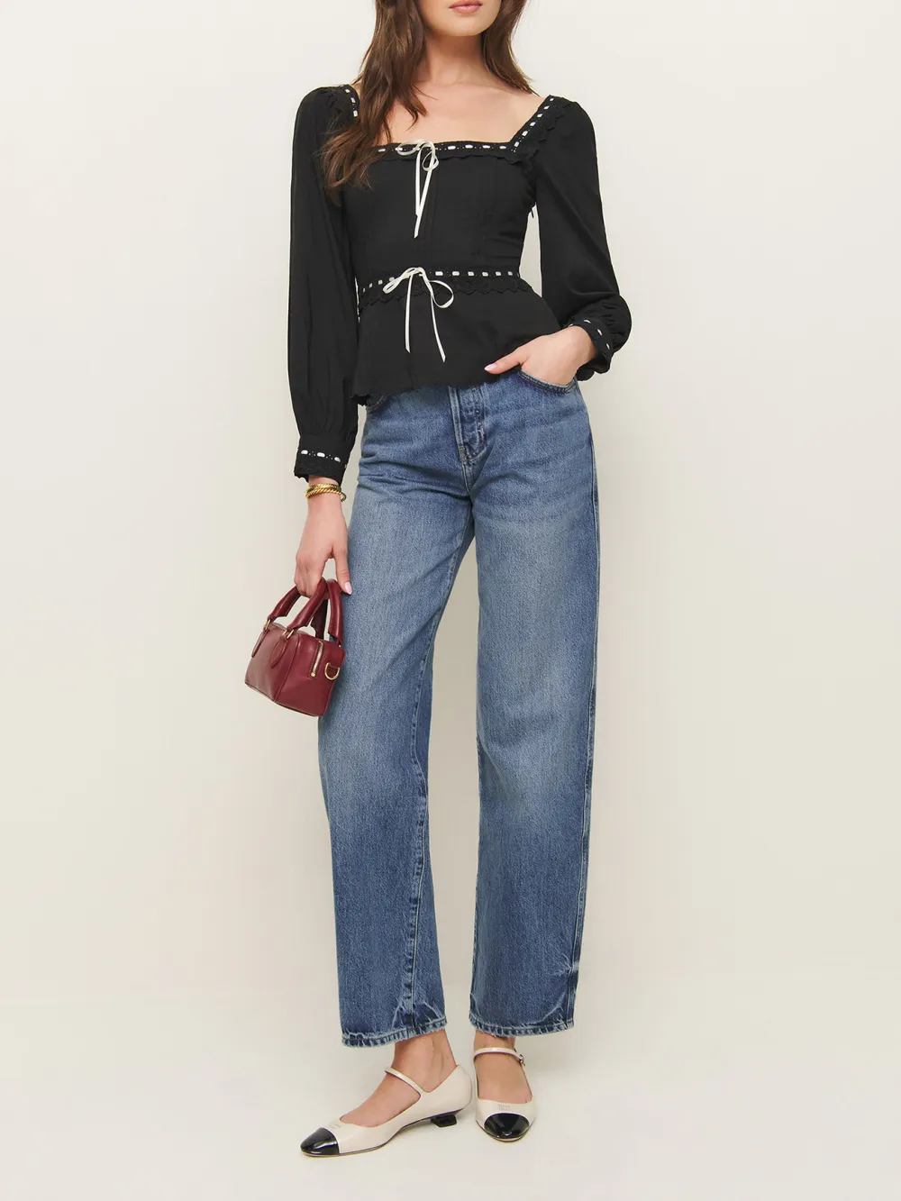 Studded Square Neck Puff Sleeve Blouse