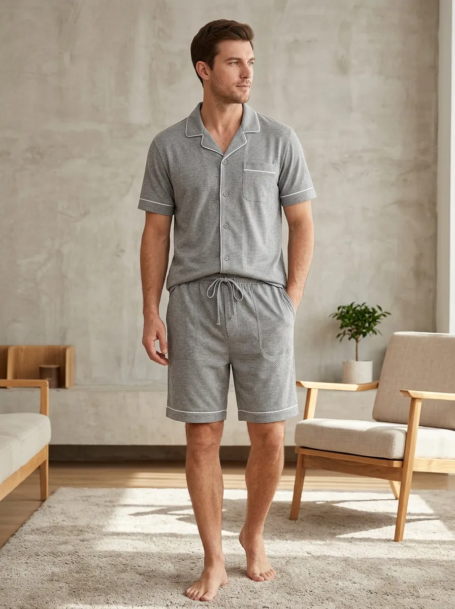 Men's Grey Geometric Patterned Button-Down Lounge Pajama Set