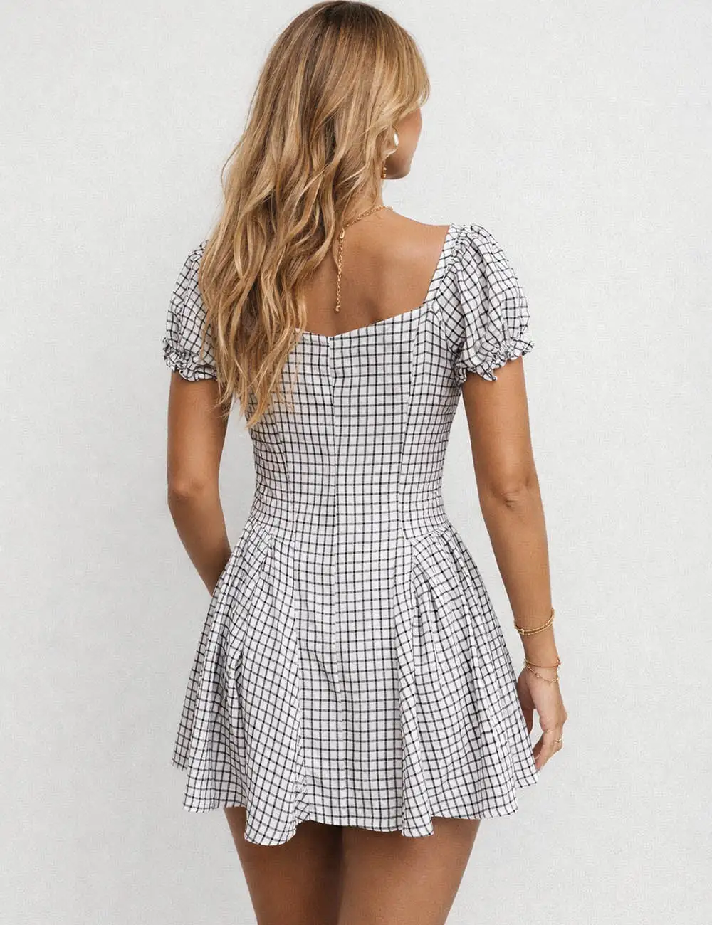 Romantic Gingham Square Neck Flared Mini Dress